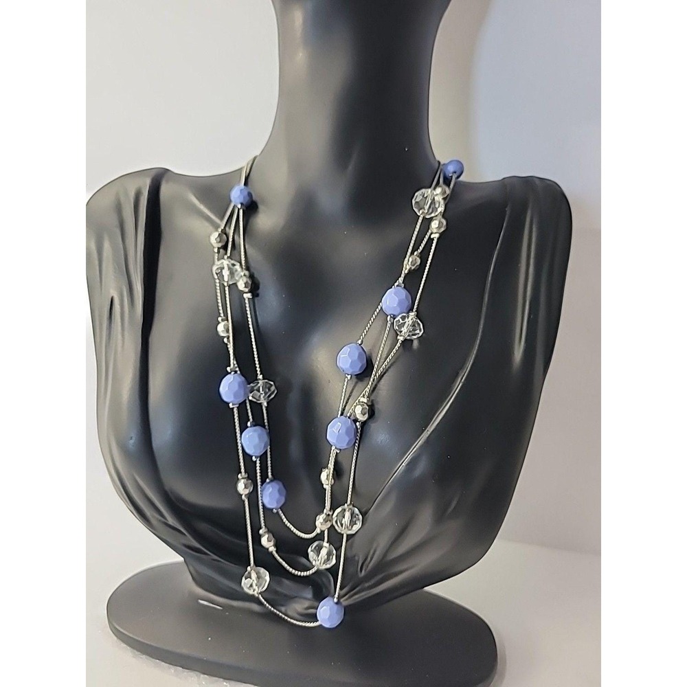 Vintage Silver Tone Multi Strand Necklace Blue Beaded Clear Crystal Layered